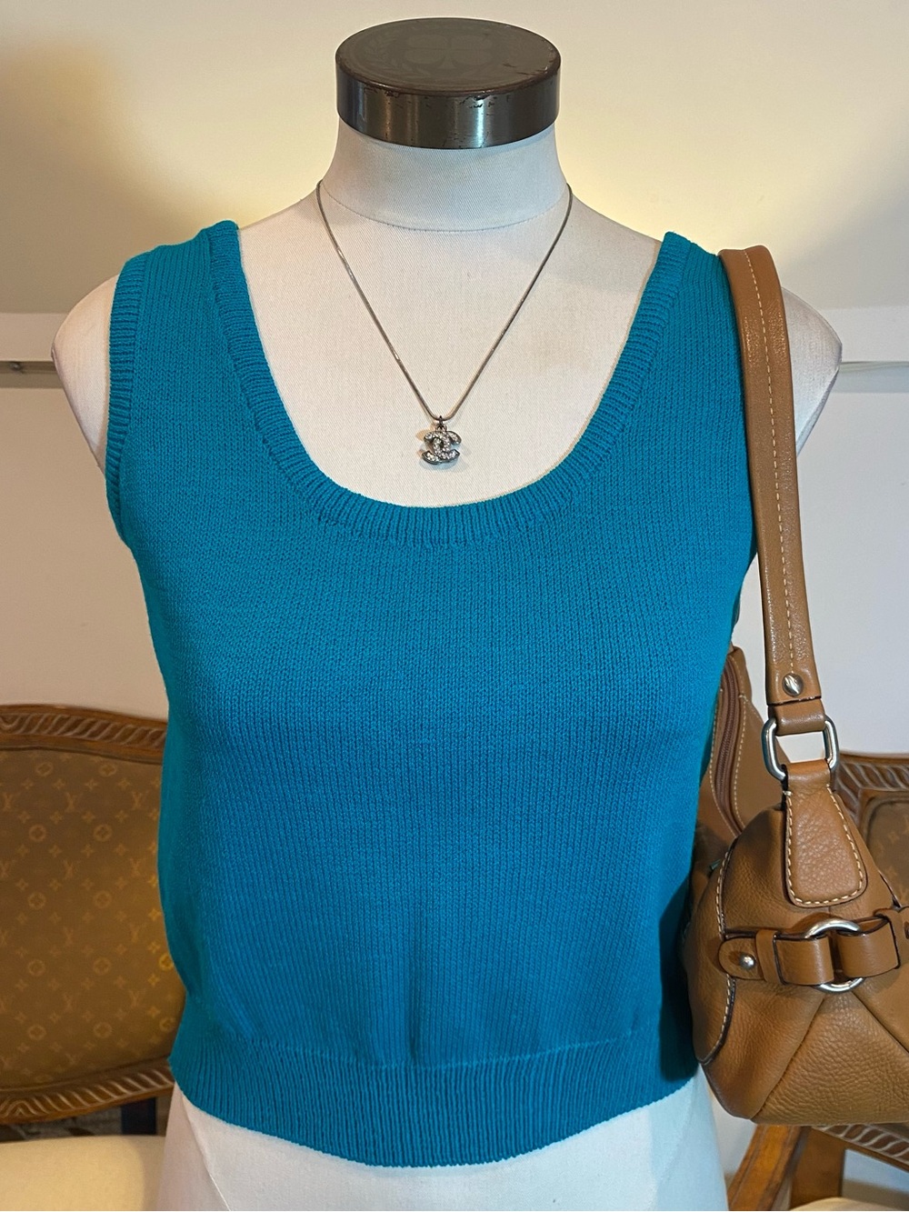 Vintage St. John Teal Blue Knit Scoop Neck Tank Top, Size Small Wool-Blend